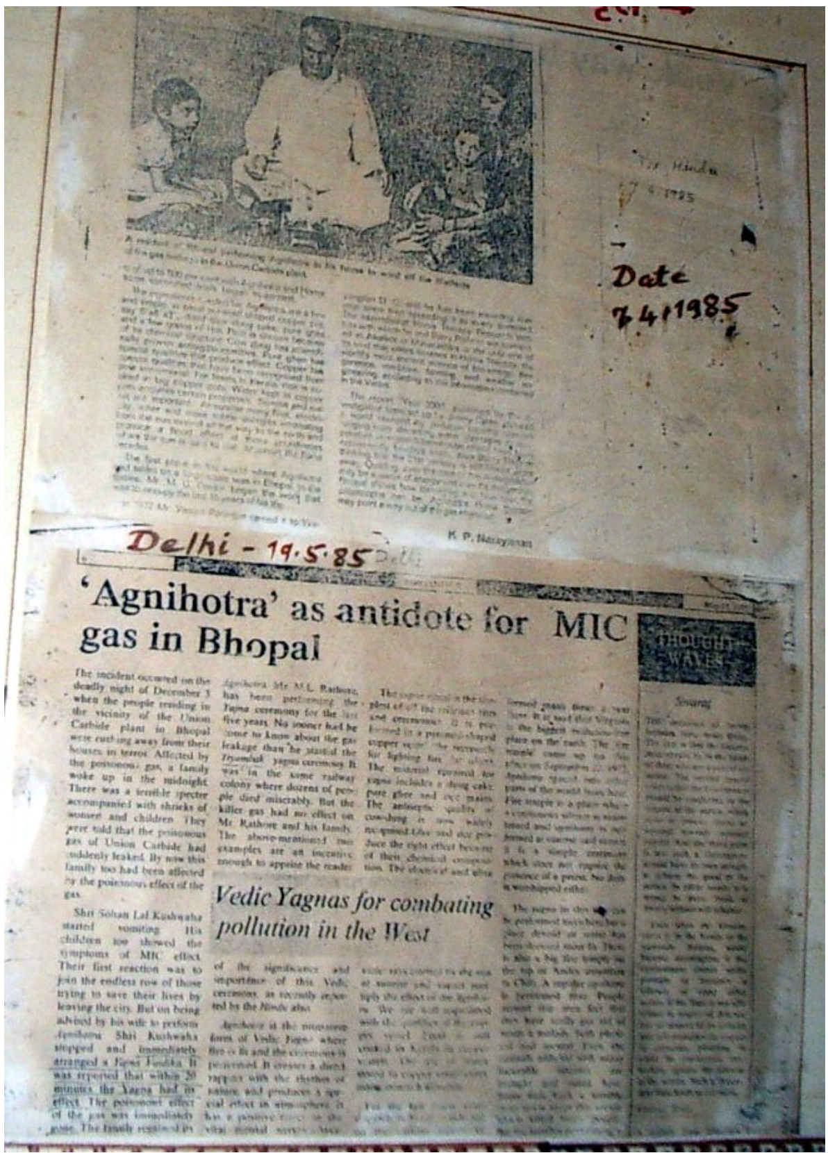 Historic Newspaper Cuttings on Agnihotra Bhopal Gas Tragedy Survival - The Hindu 1985