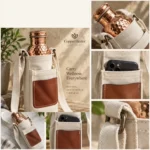 Copper water bottle sling bag detail collage showing the phone pocket, shoulder strap rings and hammered copper bottle fit.